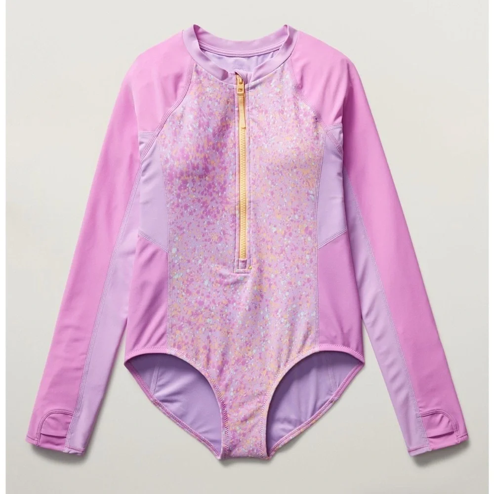 NWT Athleta Girl Rashguard One Piece Sun Spray Lilac Swimsuit Size XL/14